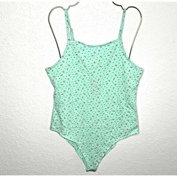 Wild Fable Tops - Wild Fable Aqua Mint & Pink Floral Spaghetti Strap Cheeky Bodysuit Size L New!